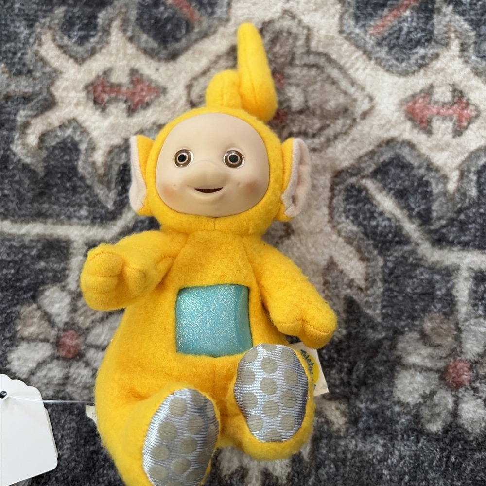 Vintage Playskool Teletubbies LAA-LAA Yellow 7" Plush Stuffed Toy Glitter Tummy